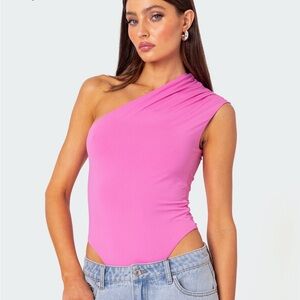 Edikted Tabby Gathered One Shoulder Bodysuit - Pink/xs